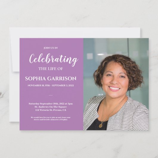 紫のお祝いと写真葬式 招待状 (正面)