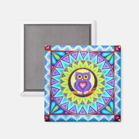 紫のかわいらしフクロウの曼荼羅の磁石Soozie Wrayによる。 マグネット (正面/裏面)