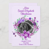 紫のかわいらしフローラ写真の誕生発表 招待状 (正面/裏面)