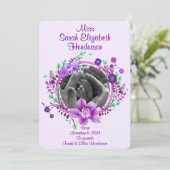 紫のかわいらしフローラ写真の誕生発表 招待状 (スタンド正面)