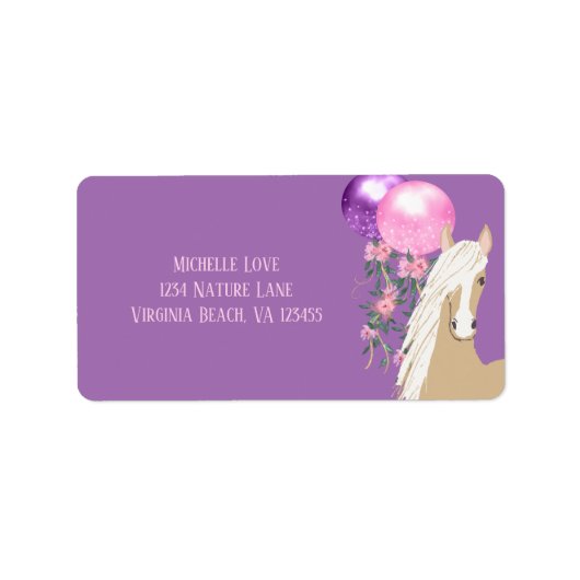 紫のかわいらし住所の馬と風船 ラベル (正面)