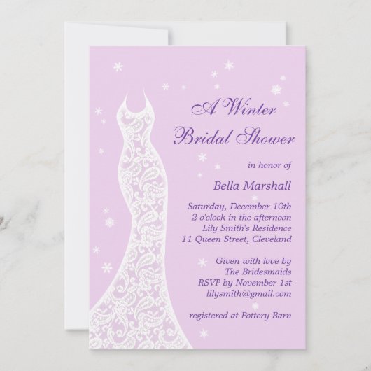 紫のかわいらし冬のブライダルシャワー招待 招待状 (正面)