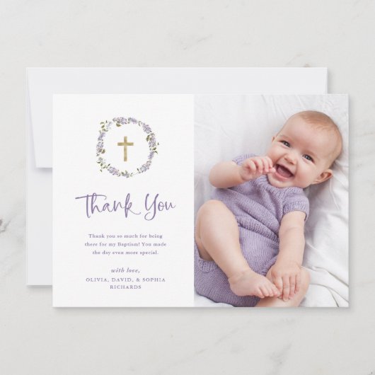 紫のかわいらし薄紫リースと写真 | バプテスマ サンキューカード (正面)