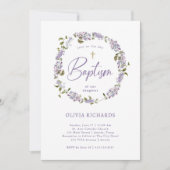 紫のかわいらし薄紫リースと写真 | バプテスマ 招待状 (正面)