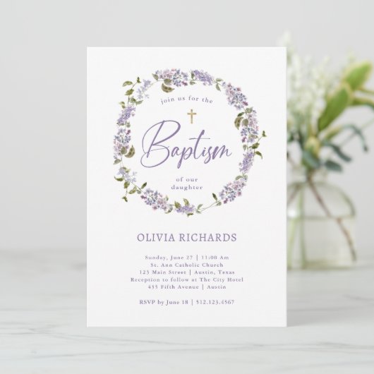 紫のかわいらし薄紫リースと写真 | バプテスマ 招待状 (スタンド正面)