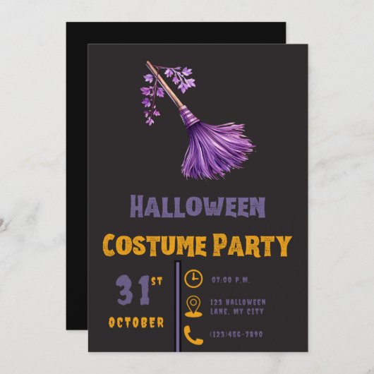紫のかわいらし魔女ブロムスティックブラックハロウィーン 招待状 (正面/裏面)