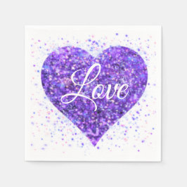 紫のきらめくハート、愛グリッターバレンタイン スタンダードカクテルナプキン
