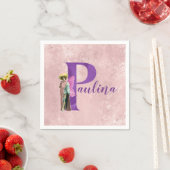 紫のきらめく図解入りの、写真付きの文字P追加の名前 スタンダードカクテルナプキン (インサイチュ)