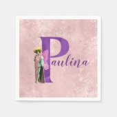 紫のきらめく図解入りの、写真付きの文字P追加の名前 スタンダードカクテルナプキン (正面)