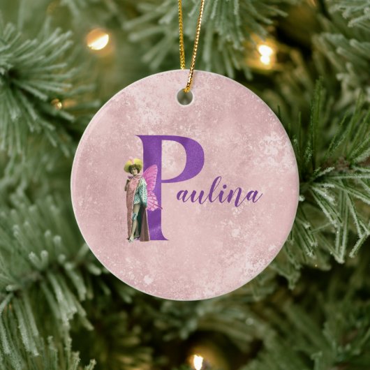 紫のきらめく図解入りの、写真付きの文字P追加の名前 セラミックオーナメント (ツリー)