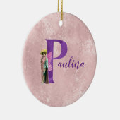 紫のきらめく図解入りの、写真付きの文字P追加の名前 セラミックオーナメント (右)