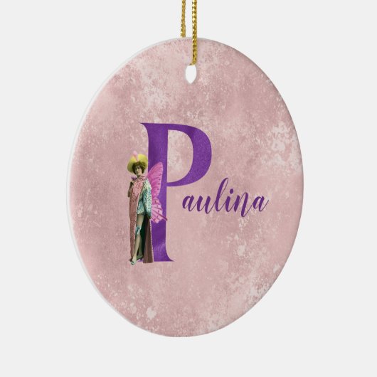 紫のきらめく図解入りの、写真付きの文字P追加の名前 セラミックオーナメント (右)