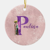 紫のきらめく図解入りの、写真付きの文字P追加の名前 セラミックオーナメント (正面)