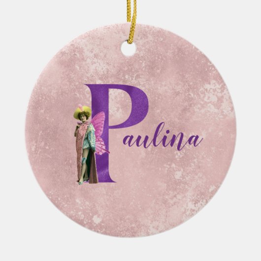 紫のきらめく図解入りの、写真付きの文字P追加の名前 セラミックオーナメント (正面)