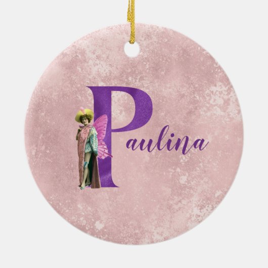 紫のきらめく図解入りの、写真付きの文字P追加の名前 セラミックオーナメント (裏面)