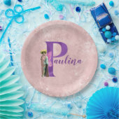 紫のきらめく図解入りの、写真付きの文字P追加の名前 ペーパープレート (パーティー)