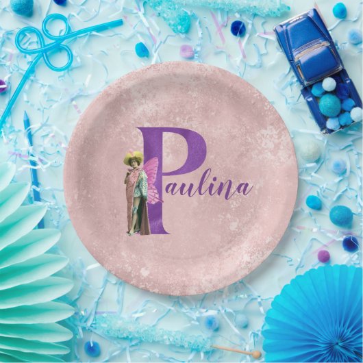 紫のきらめく図解入りの、写真付きの文字P追加の名前 ペーパープレート (パーティー)