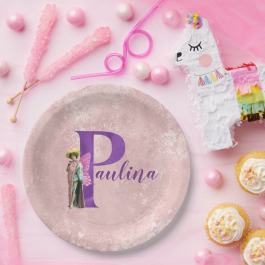 紫のきらめく図解入りの、写真付きの文字P追加の名前 ペーパープレート (パーティー)