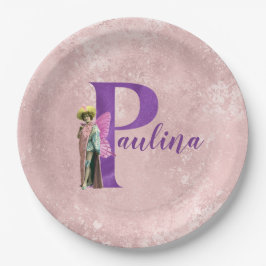 紫のきらめく図解入りの、写真付きの文字P追加の名前 ペーパープレート