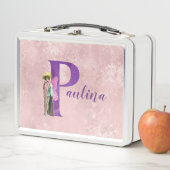 紫のきらめく図解入りの、写真付きの文字P追加の名前 メタルランチボックス (インサイチュ)