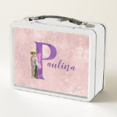 紫のきらめく図解入りの、写真付きの文字P追加の名前 メタルランチボックス (裏面)