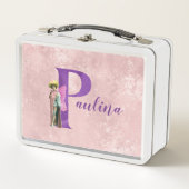 紫のきらめく図解入りの、写真付きの文字P追加の名前 メタルランチボックス (正面)