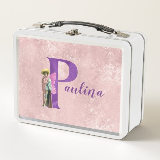 紫のきらめく図解入りの、写真付きの文字P追加の名前 メタルランチボックス (正面)