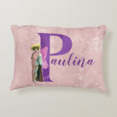 紫のきらめく図解入りの、写真付きの文字P アクセントクッション (裏面)