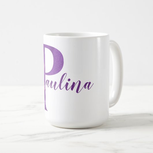 紫のきらめく図解入りの、写真付きの文字P コーヒーマグカップ (正面右)