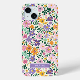 紫のちりめん風フラワー モノグラム iPhone 15 MINIケース