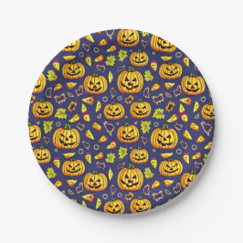 紫のどんぐりとカボチャのハロウィーン ペーパープレート