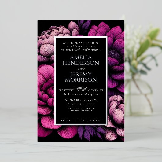 紫のはっきりしたフローラと詳細フォイル招待状 箔招待状 (立ち正面)