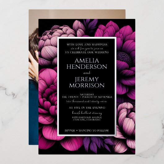 紫のはっきりしたフローラ（写真） 箔招待状 (正面/裏面)