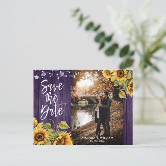 紫のひまわり結婚の写真が日付を救う 案内ポストカード (スタンド正面)