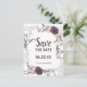 紫のアイボリーフローラ写真結婚式の日付を保存 ポストカード (スタンド正面)