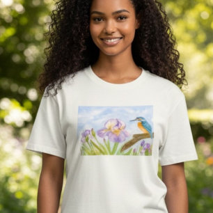 紫のアイリスと水彩画のカワセミ Tシャツ