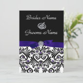 紫のアクセントを持つ白黒のダマ結婚スク 招待状 (スタンド正面)