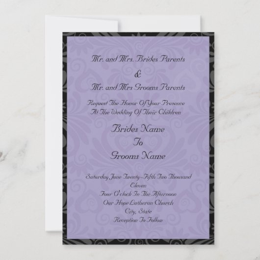 紫のアクセントを持つ白黒のダマ結婚スク 招待状 (裏面)