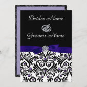 紫のアクセントを持つ白黒のダマ結婚スク 招待状 (正面/裏面)