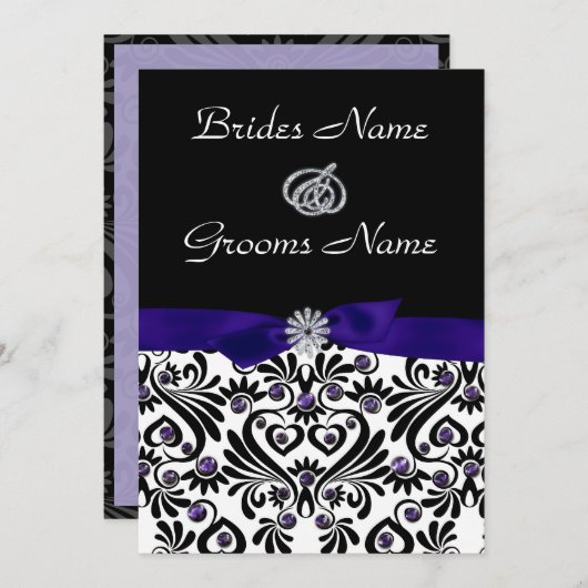 紫のアクセントを持つ白黒のダマ結婚スク 招待状 (正面/裏面)