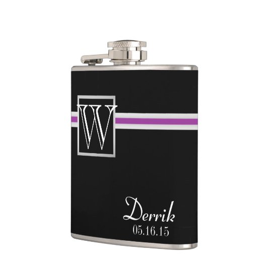 紫のアクセントストライプとモノグラム フラスク (左)