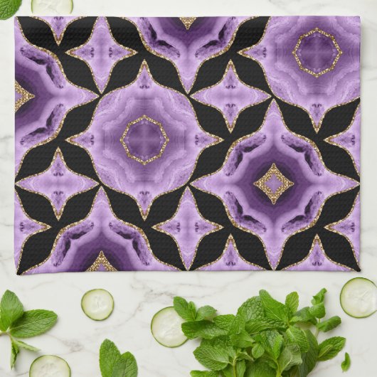紫のアメジスト金ゴールドと黒の抽象芸術 キッチンタオル (折り畳み)
