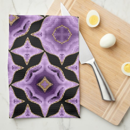 紫のアメジスト金ゴールドと黒の抽象芸術 キッチンタオル (四つ折り)