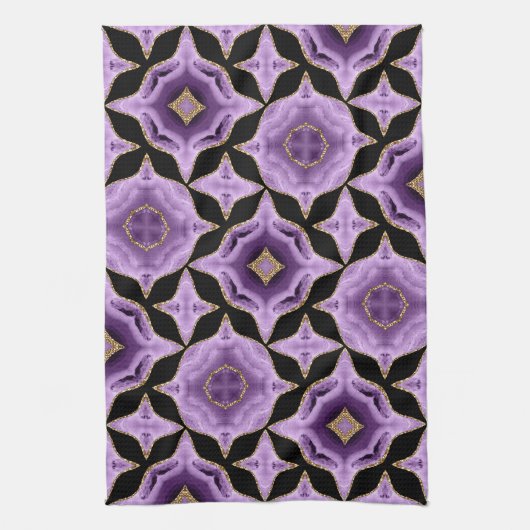 紫のアメジスト金ゴールドと黒の抽象芸術 キッチンタオル (縦)