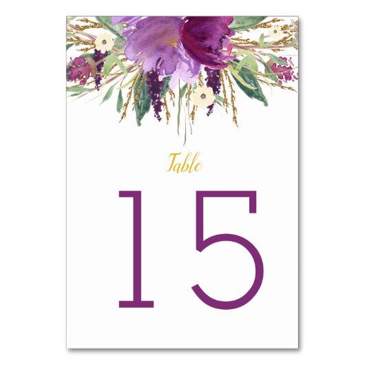 紫のアメジスト金ゴールドグリッターフローラテーブルカード#2 テーブルナンバー (正面)