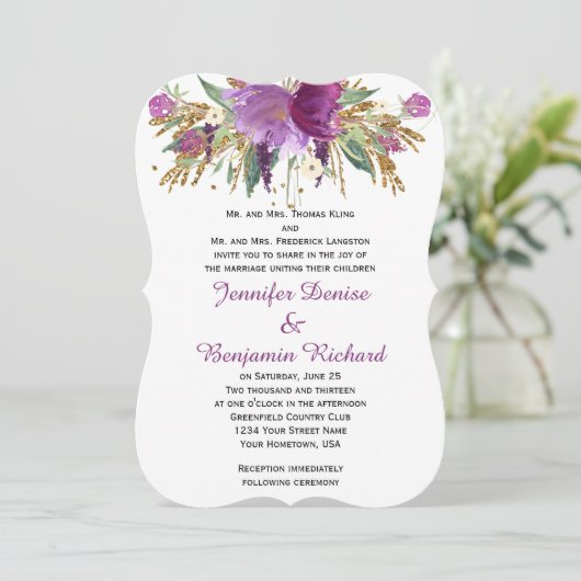 紫のアメジスト金ゴールド水彩フラワーウエディング 招待状 (スタンド正面)