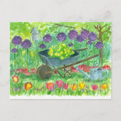 紫のアリウムの花とじょうろの水彩画はねうつし ポストカード (正面)