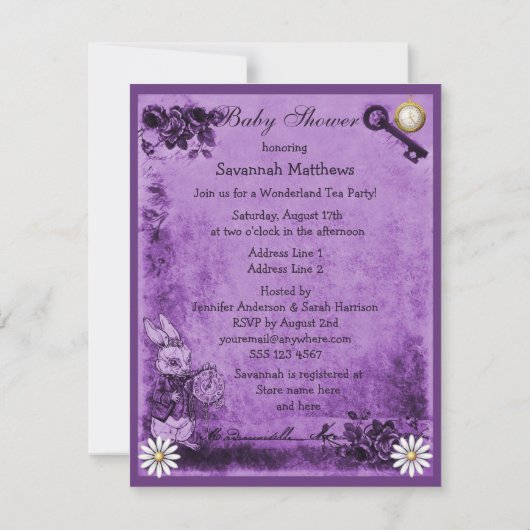 紫のアリスインワンダーランドティーパーティーベビーシャワー 招待状 (裏面)