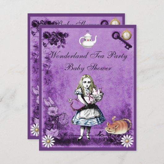 紫のアリスインワンダーランドティーパーティーベビーシャワー 招待状 (正面/裏面)