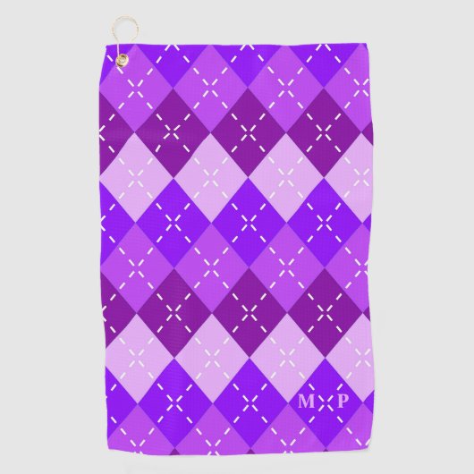 紫のアーリーグルと白のステッチパーソナライズされた ゴルフタオル (正面)